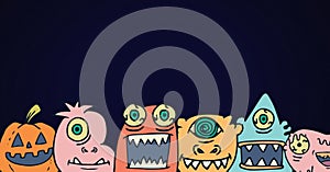 Monster halloween heads illustrations in a row