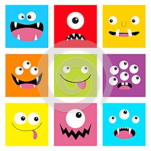 Monster head set. Square head. Boo Spooky Screaming smiling sad face emotion. Three eyes, tongue, teeth fang, mouse.Happy