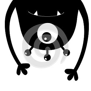 Monster head silhouette. One eye, teeth, fang, hands. Hanging upside down. Black Funny Cute cartoon character. Baby collection. Ha