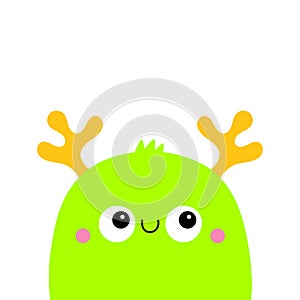 Monster icon. Happy Halloween. Smiling face head. Eyes, horns. Cute cartoon boo spooky character. Kawaii funny baby. Green