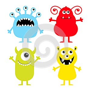 Monster icon set. Happy Halloween. Cute cartoon kawaii baby character. Funny face head colorful silhouette. Eyes teeth fang tongue