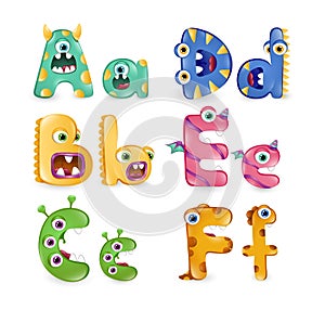 Monster letters on white background. Colourful alphabet of different cute monsters