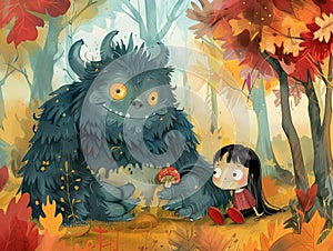 Monster and little girl in the forest