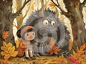 Monster and little girl in the forest