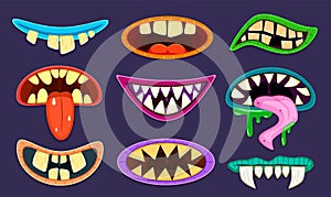 Monster mouth. Cute scary goblin, gremlin and aliens mouths with tongue and teeth. Halloween trolls caricature cartoon