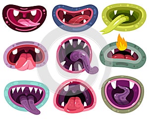 Monster mouth. Funny jaws, laugh bizarre creatures. Maw, tongue and mutant character mouths with teeth, funny facial photo