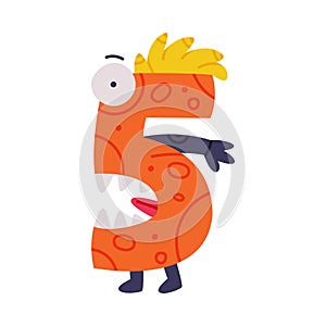 Monster Number Five or Numeral with Face and Hand Vector Illustration