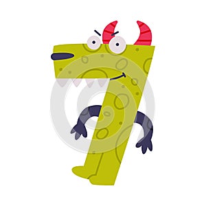 Monster Number Seven or Numeral with Face and Hand Vector Illustration