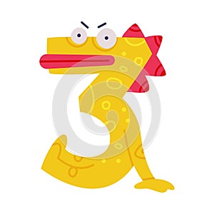 Monster Number Three or Numeral with Face and Hand Vector Illustration