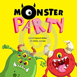 Monster Party banner design template. Cute cartoon monster mascots. photo