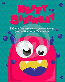 Monster party card invitation design. Happy birthday template. Vector illustration photo