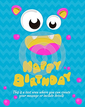 Monster party card invitation design. Happy birthday template. Vector illustration photo