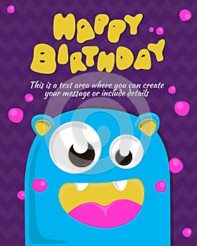 Monster party card invitation design. Happy birthday template. Vector illustration photo