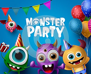 Monster party design vector concept. Cute scary monster characters in monster party text.