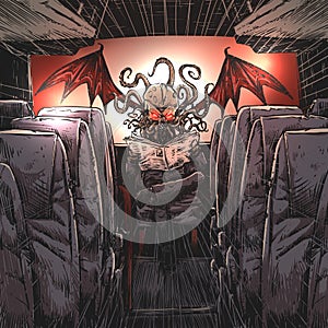 Monster reading newspaper in travel bus