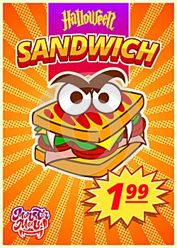 Monster sandwich menu. A vertical banner with a price tag for a fast food cafe on Halloween day. Vector illustration.