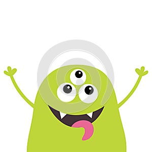 Monster scary screaming face head icon. Eyes, fang tooth, tongue, hands up. Cute cartoon boo spooky character. Green silhouette. K