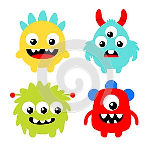 Monster set. Happy Halloween. Cute face head. Four colorful silhouette monsters with different emotions. Cartoon kawaii funny boo