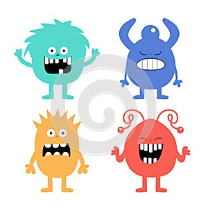 Monster set. Happy Halloween. Cute head face. Four colorful monsters with different emotions. Cartoon kawaii smiling funny boo