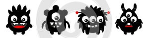 Monster set line. Happy Halloween. Cute face head. Four black silhouette monsters with different emotions. Cartoon kawaii funny