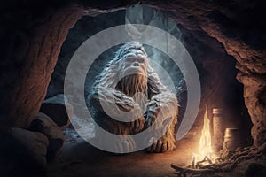 A monster sitting in cave with bonfire. Fantasy forest. Generative AI