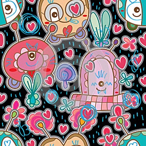 Monster sticker drawing seamless pattern