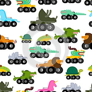 Monster Truck animal pattern seamless. Cartoon car beast on big wheels. Baby fabric ornament. vector background