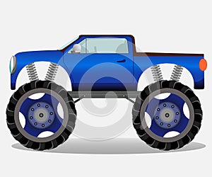 Monster truck with big wheels. Car vehicle in blue.