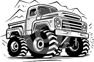 Monster truck - black and white vector illustration