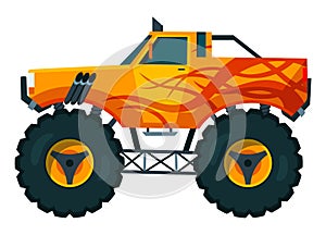 Monster truck. Bright colorful cartoon auto with big wheels. Heavy car with large tires and black tinted windows