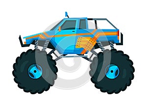 Monster truck. Bright colorful cartoon auto with big wheels. Heavy car with large tires and black tinted windows