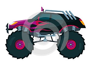 Monster truck. Bright colorful cartoon auto with big wheels. Heavy car with large tires and black tinted windows