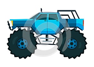 Monster truck. Bright colorful cartoon auto with big wheels. Heavy car with large tires and black tinted windows