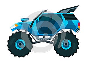 Monster truck. Bright colorful cartoon auto with big wheels. Heavy car with large tires and black tinted windows