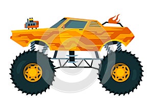 Monster truck. Bright colorful cartoon auto with big wheels. Heavy car with large tires and black tinted windows