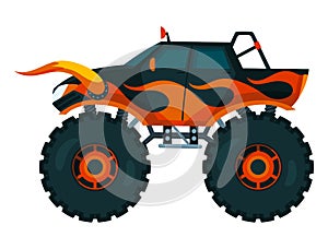 Monster truck. Bright colorful cartoon auto with big wheels. Heavy car with large tires and black tinted windows