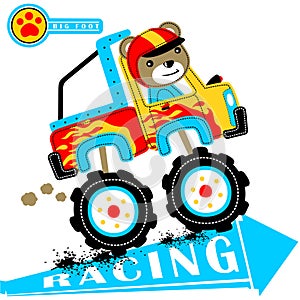 Monster truck cartoon with funny driver on white background