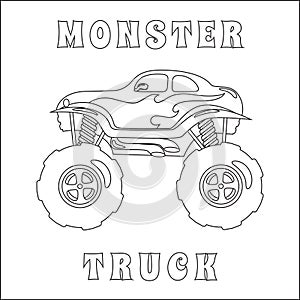 Monster truck with cartoon style. Creative vector Childish design for kids activity colouring book or page