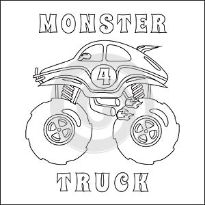 Monster truck with cartoon style. Creative vector Childish design for kids activity colouring book or page