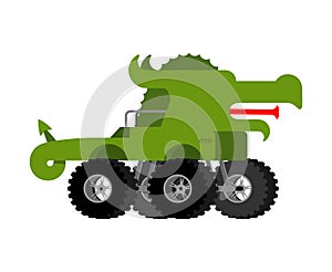 Monster Truck Dragon. Cartoon car animal on big wheels. vector illustration