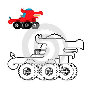 Monster Truck Dragon coloring book. Animal car on big wheels. vector illustration