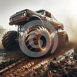 Monster truck driving through mud