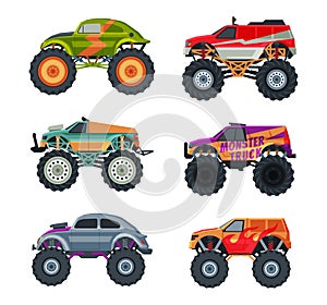 Monster Truck with Four-wheel Steering and Oversized Tires for Competition and Entertainment Vector Set