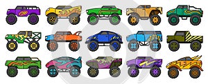 Monster truck isolated color set icon. Vector color set icon car. Vector illustration monster truck on white background