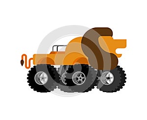 Monster Truck lion. Cartoon car animal on big wheels. vector illustration