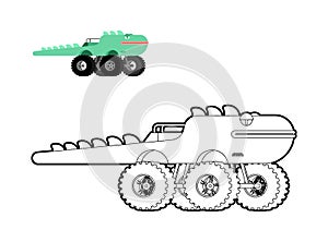 Monster Truck lizard coloring book. Animal car on big wheels. vector illustration