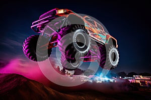 Neon-Lit Monster Truck Mid-Air at Night Show