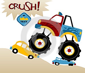 Monster truck racing, vector cartoon illustration
