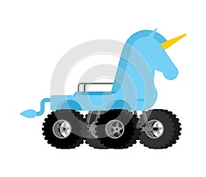 Monster Truck unicorn. Cartoon car animal on big wheels. vector illustration