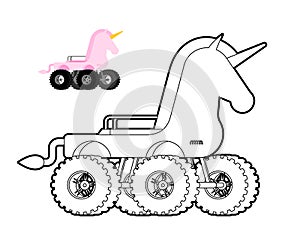 Monster Truck unicorn coloring book. Animal car on big wheels. vector illustration